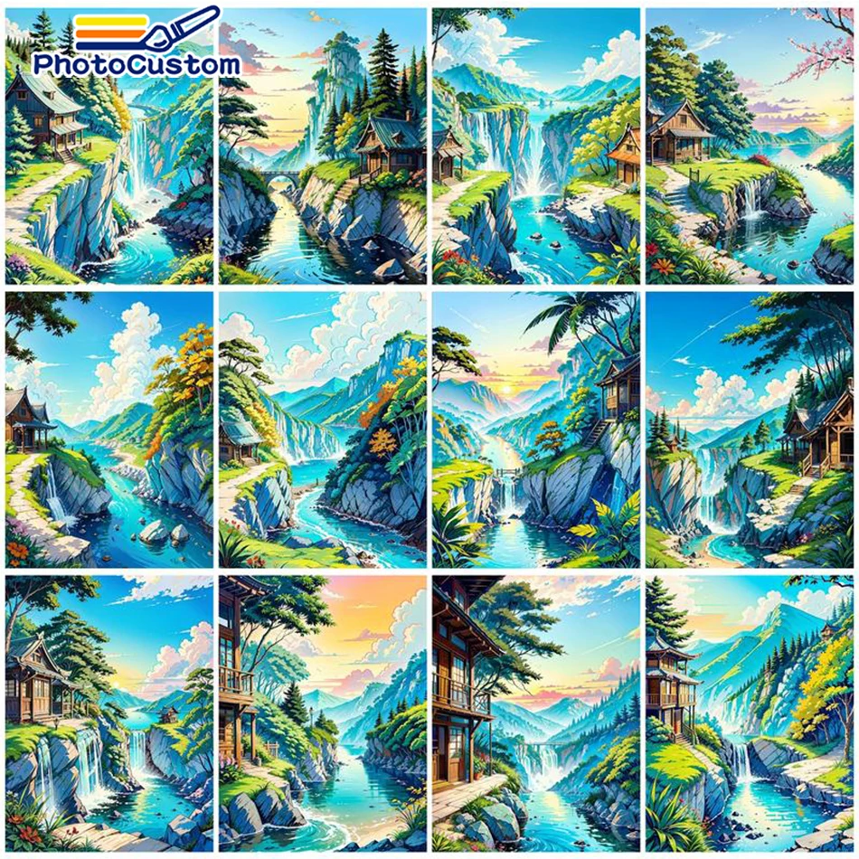 

PhotoCustom Painting By Number Mountains And Rivers Diy Craft Kit Landscape For Adults On Canvas Coloring By Number For Decor Ne