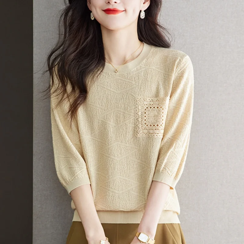 패셔너블 니트 탑 f Sve Seven Sve mid Sve Tagl 트렌디 스몰 irt f Sve T irt 글루 파이버 여름