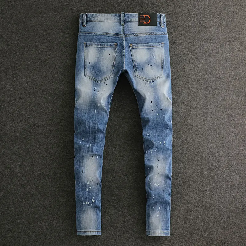 Men Light Blue Washed Jeans Italian Designer Paint Splatter Distressed Stretch Slim Fit Hip Hop Streetwear Denim Jeansy2k