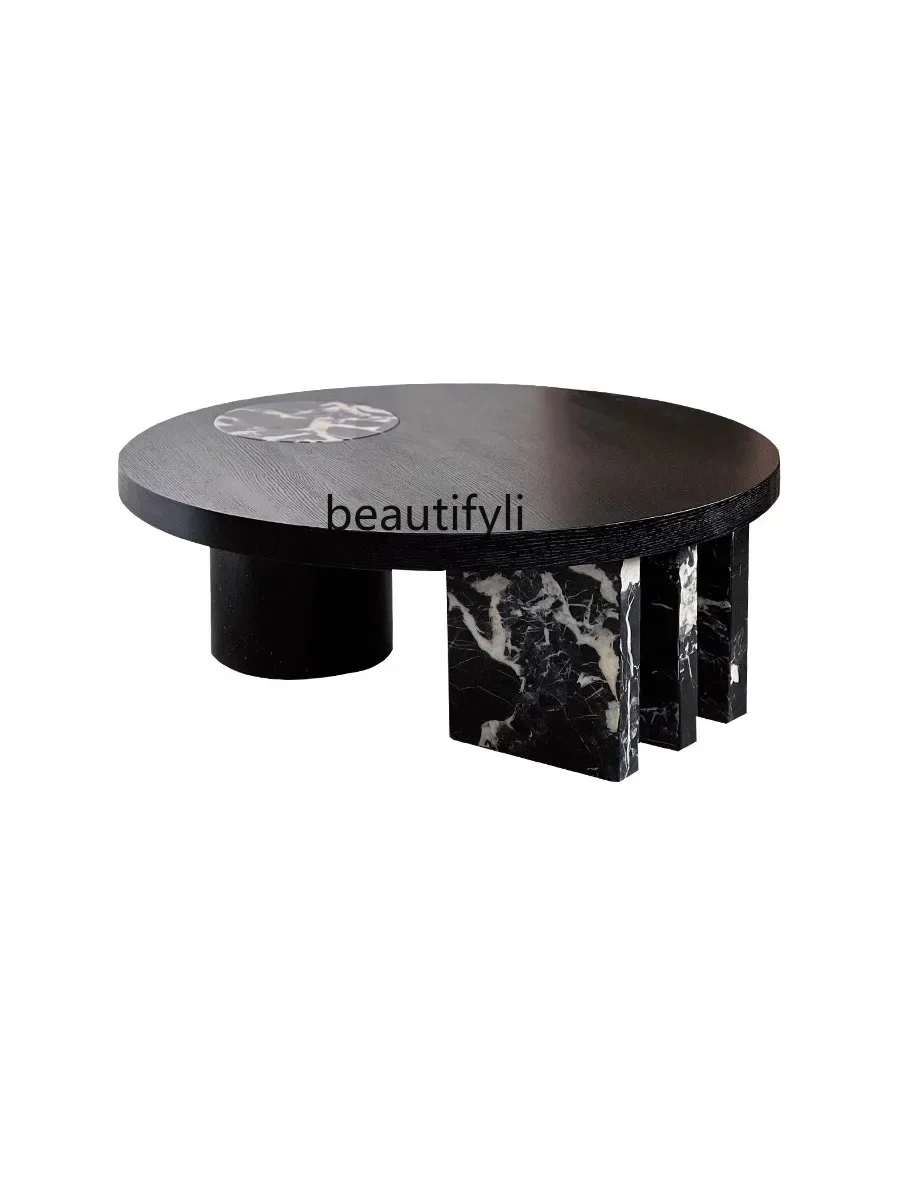 

French minimalist natural marble solid wood thickened round coffee table designer living room coffee table