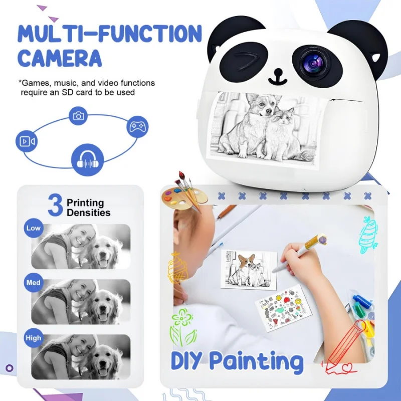 1 szt. Aparat Polaroid dla dzieci z motywem pandy, drukujący termicznie zdjęcia, papier termiczny do zdjęć, HD Mini Śliczny Aparat, Prezent na przyjęcie urodzinowe
