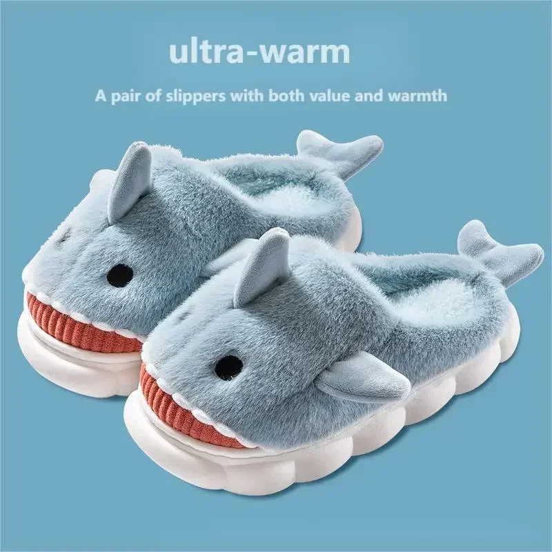 2024 Stereo Shark Cute Padded Thickened Non-slip Mute Home Warm Shoes Cotton Slippers Female Winter Net Red