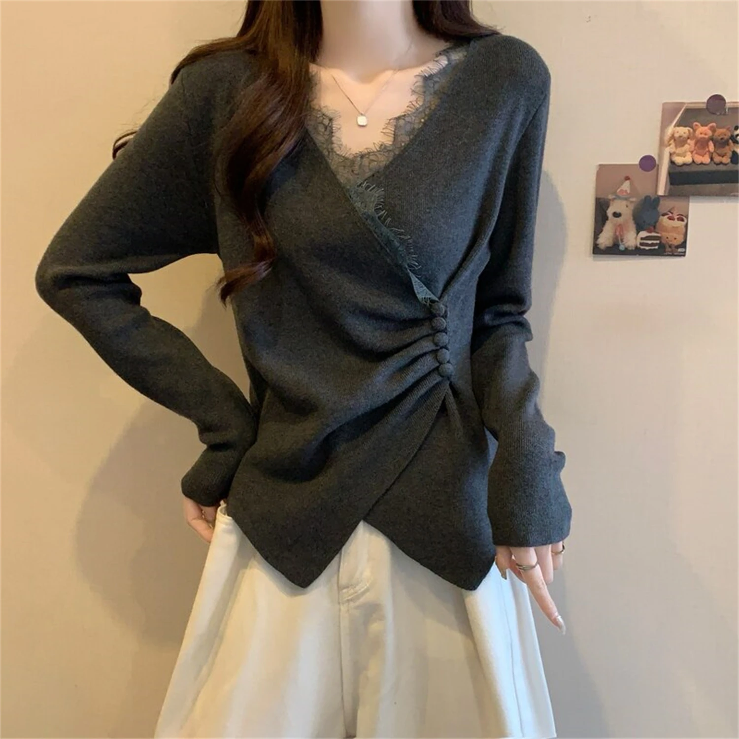 Warm Lace Trim V Neck Wrap Knit Top Women Ruched Button Side Long Sleeve Slim Fit Fall Winter Casual Daily Wear Blouse