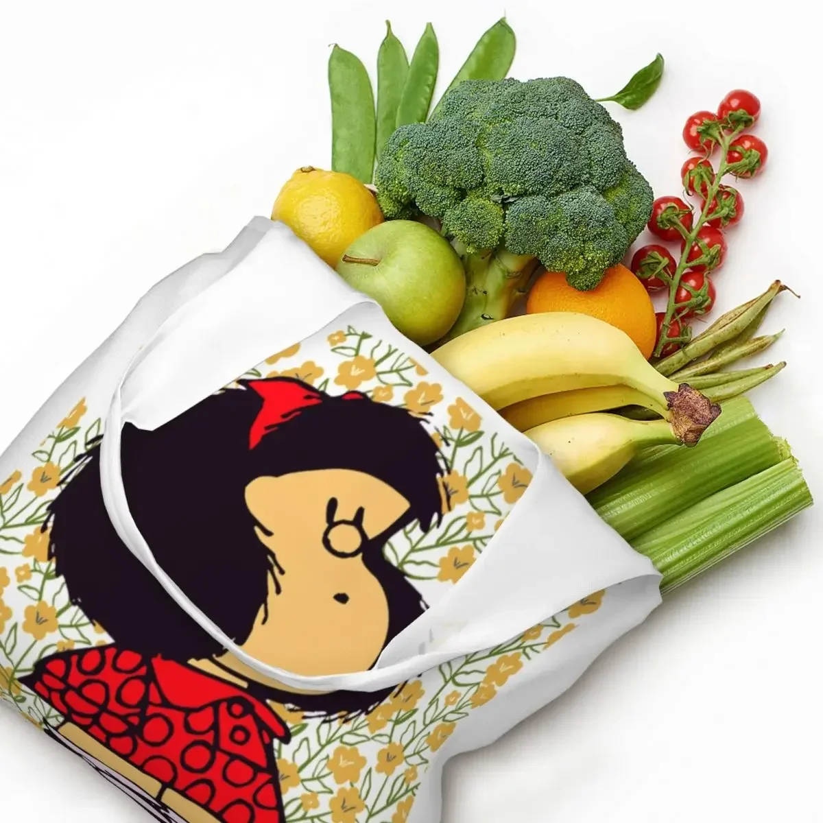 

Изготовленная на заказ сумка для покупок Mafalda и цветы, холщовая сумка-тоут, портативная аргентинская манга, Quino, продуктовые сумки-шоппер