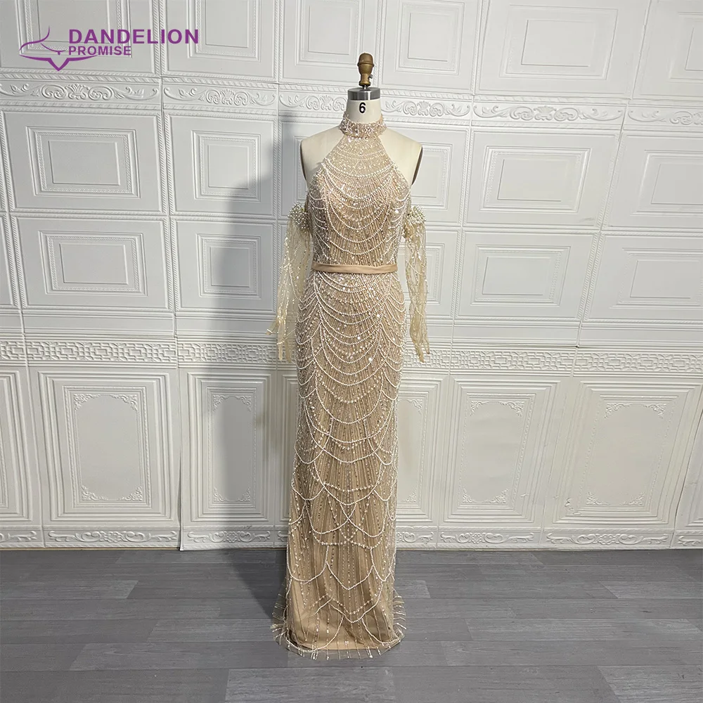 Robe de Soirée de Forme Sirène Élégante pour Femme, Luxueuse Tenue Arabe à Col Licou, avec Perles et Gants, pour Bal de Promo, Mariage