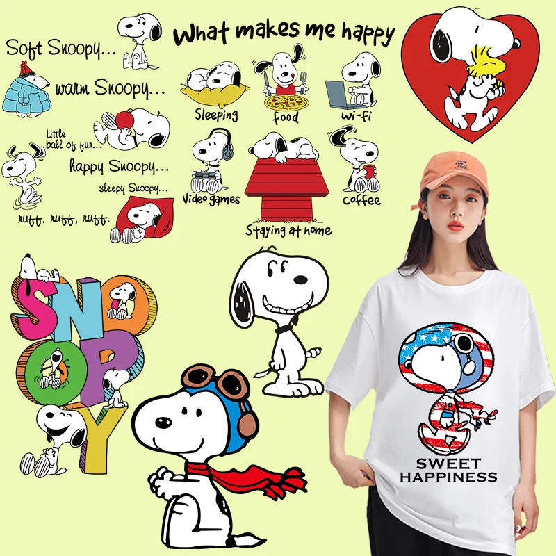 Snoopys T Shirt Ironing Patches Cartoon Dog Heat Transfer Sticker Women Man Kid Anime Clothes DIY Decoration Applique Gifts