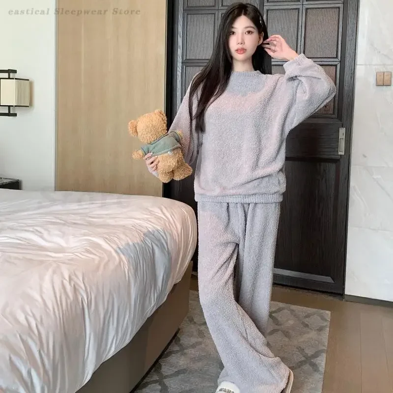 Winter Thicken Warm Sleepwear Long Sleeve Trouser Pijamas Suit Coral Fleece Women New 2PCS Pajamas Set Loose Home Clothes Pyjama
