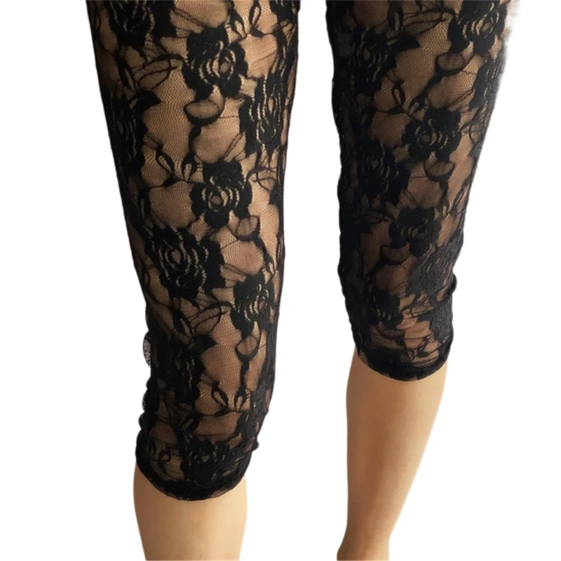 F42F Leggings transparentes encaje flores para mujer, pantalones cortos malla ahuecados cintura mallas