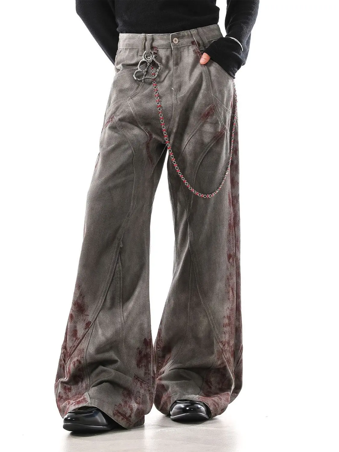 Men's Edge Deconstructed Stained Jeans Fashion Street Style Pants Wide Leg Male Trendy Casual Streetwear Trousers
