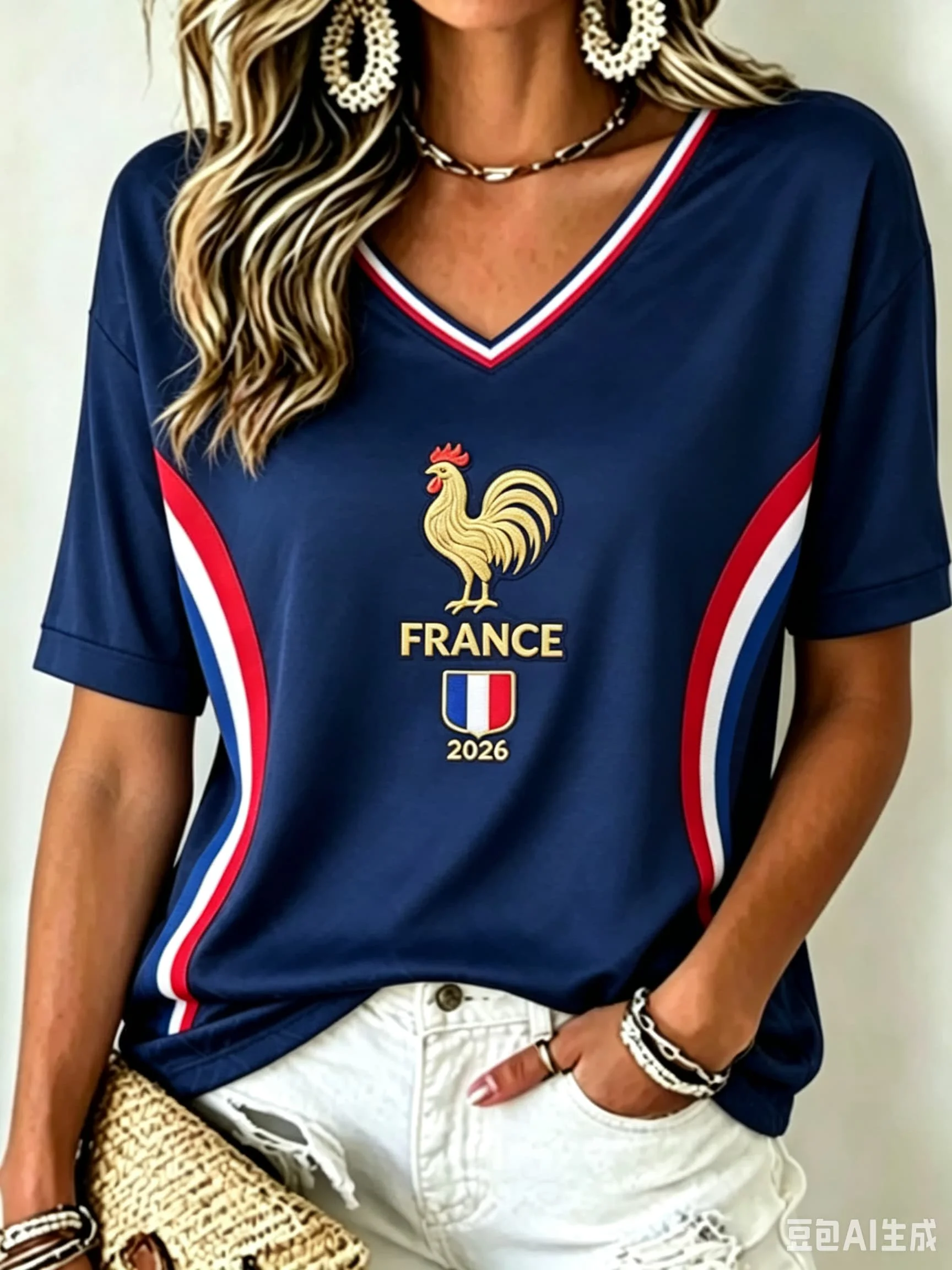 Women 2026 France Rooster Football Jersey V Neck Short Sleeve Dark Blue Pattern Striped Cuff National  Fan Sports T-shirt