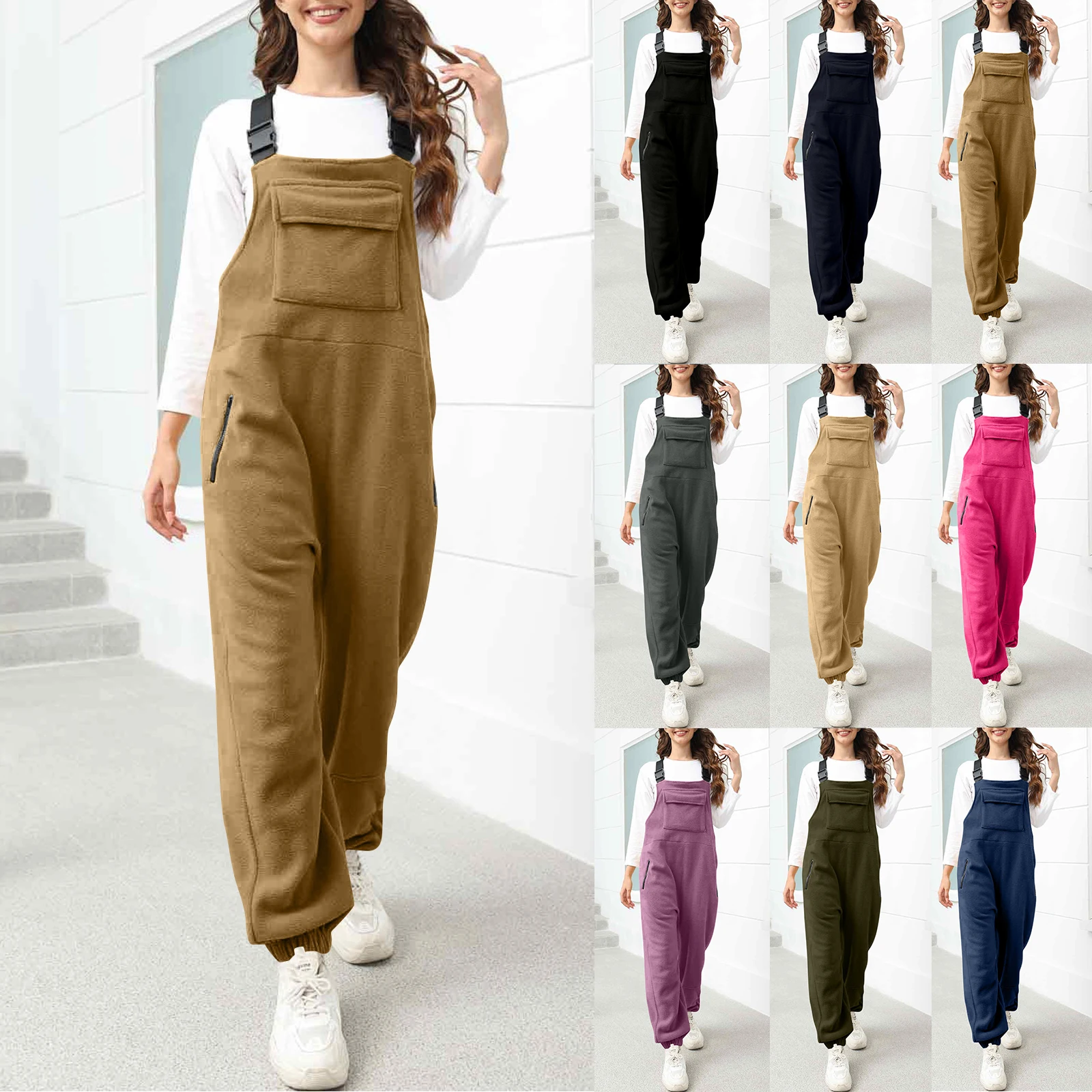 Workwear Overalls For Women Thicken Plush Sleeveless Jumpsuit Ski Pants Adjustable Suspenders Racerback Retro Casual Playsuit