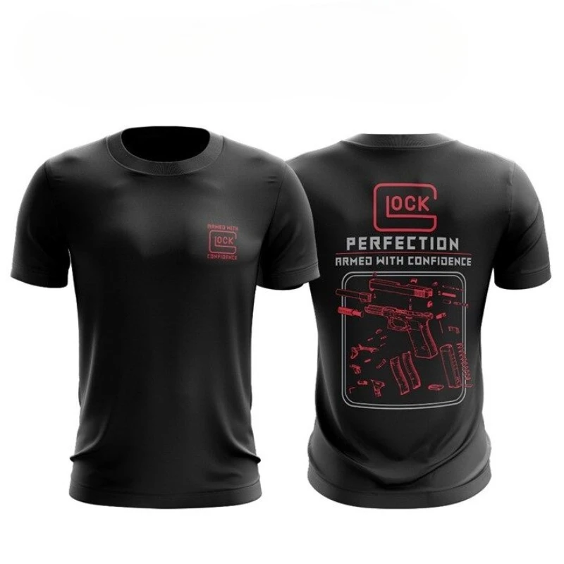 Men 100% Cotton Black Short Sleeve T-Shirt Tactical Handgun Exploded View Graphic Print Casual Streetwear Tee