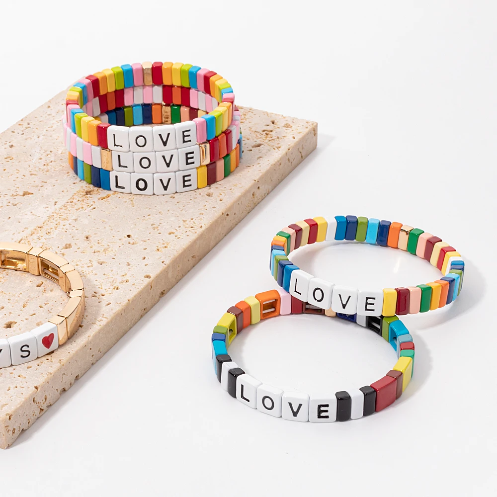 4x8mm Enamel Bracelets For Women Colorful Beads Handmade Bangle Heart Charm Jewelry For Party