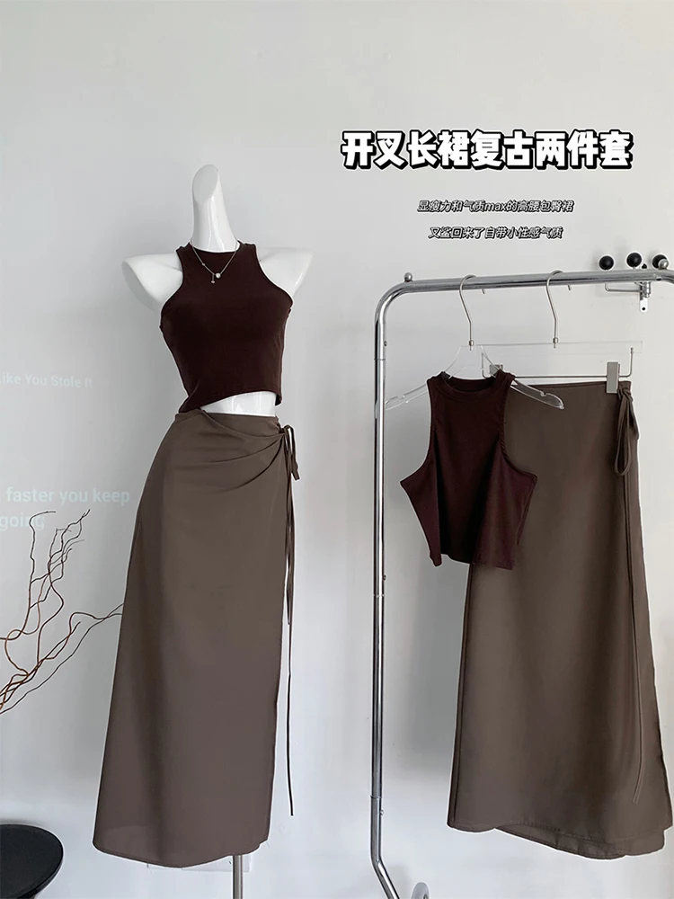 

American Retro High Quality Formal Occasion Fashion 2 Piece Skirt Set Gyaru Turtleneck Vest+Hight Waist Split Hem Pleated Skirt