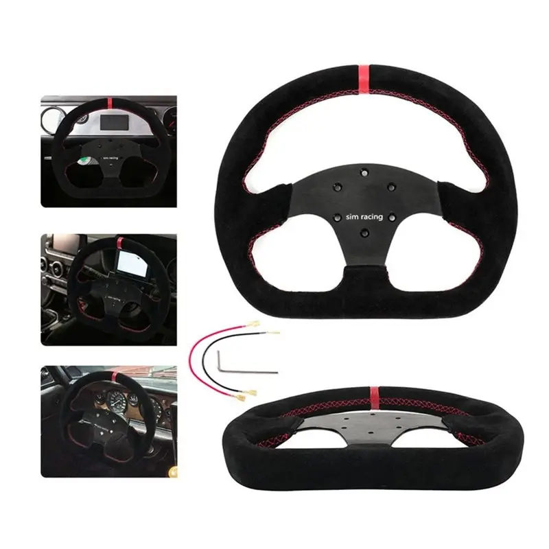 Universal 325Mm/12.8Inch Black Flat D Shape Suede Leather Steering Wheel 70Mm-PCD For Most Vehicles & Sim Racing Game
