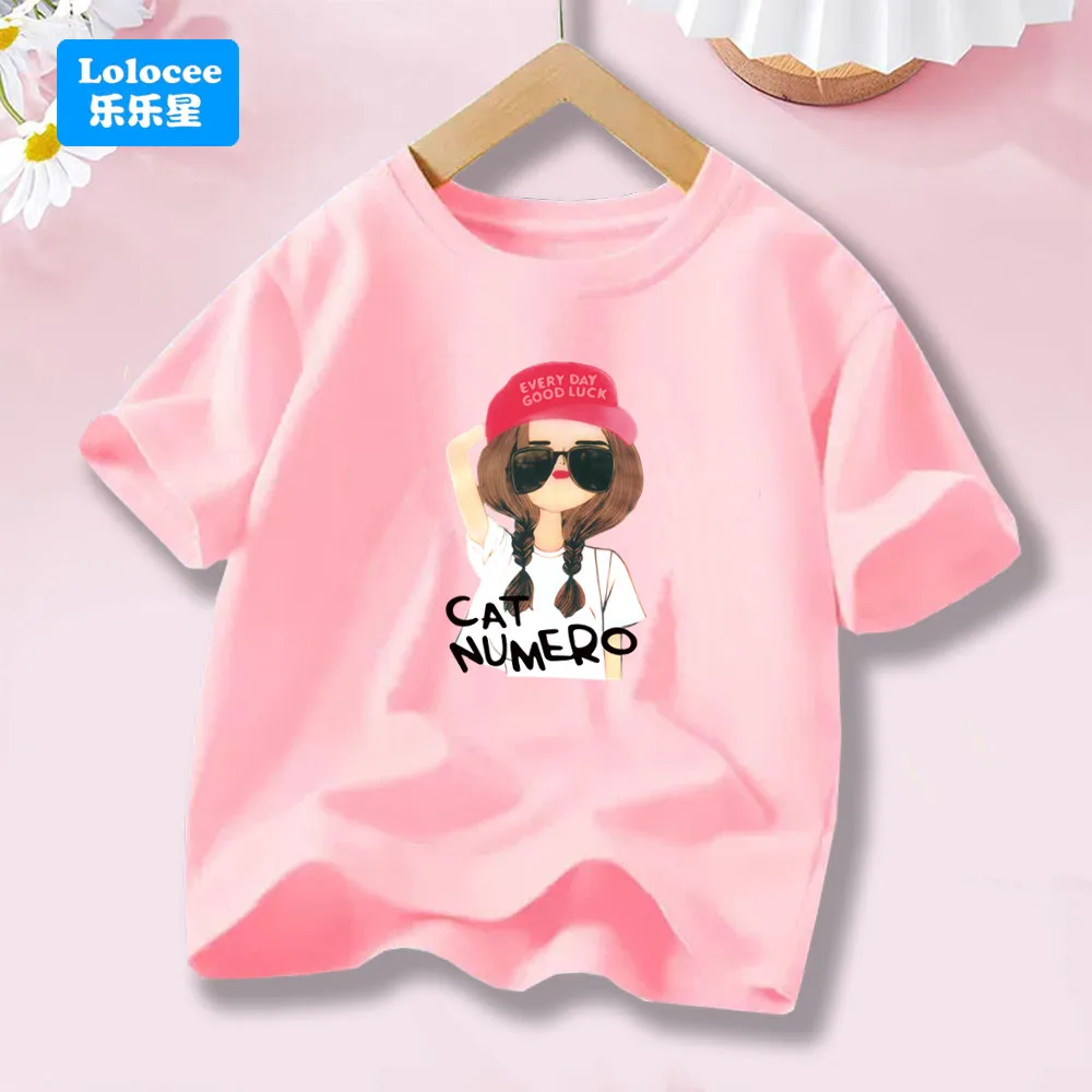 

Good Luck Cool Girl Holiday Party Tee Shirts Children Fashion Short Sleeve Tops Cartoon Printed Summer Toddler Clothes NHMJ1