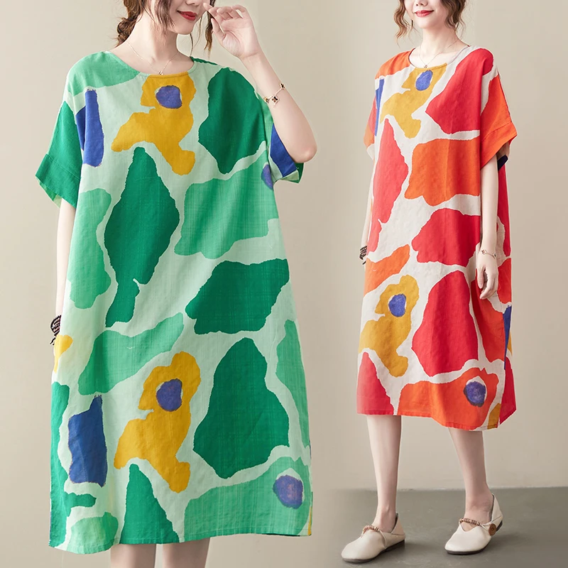 Grande taille femmes coton lin Midi Dr été nouveau Sle genou longueur artistique Vintage imprimé fleuri décontracté confortable Dr