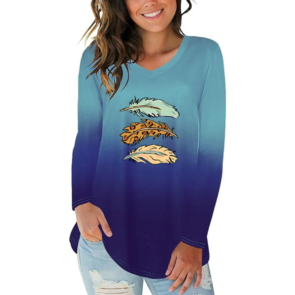 

Женская трехцветная футболка с градиентным принтом и v-образным вырезом с длинными рукавами, неровный подол, новинка в европейском и американском стиле