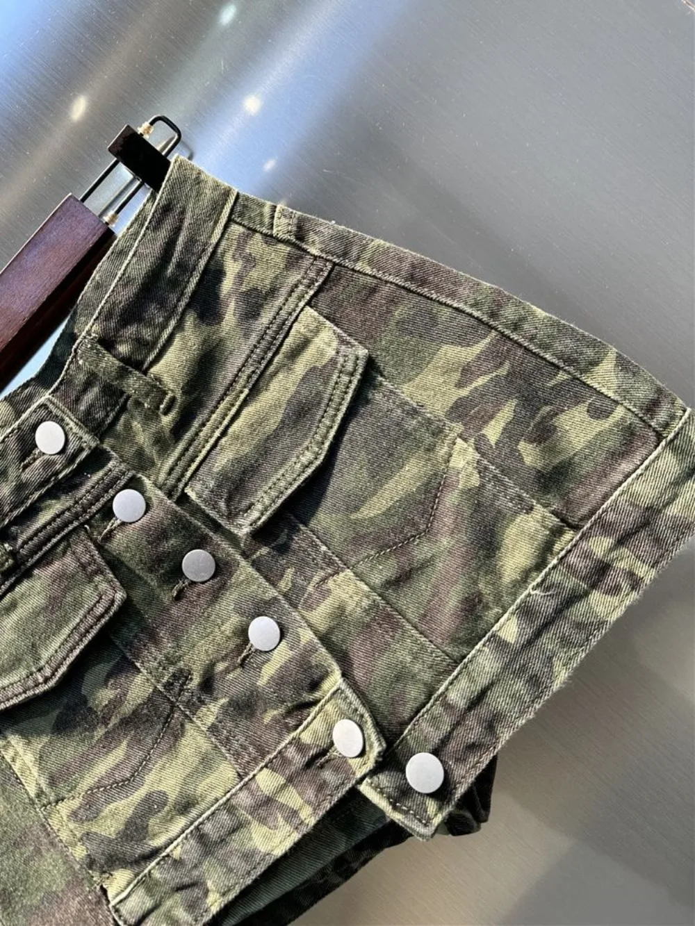 American Single Breasted Camouflage Denim Skirt Women Summer Asymmetry A Line Hip Wrapped Mini Skirt Street Fashion