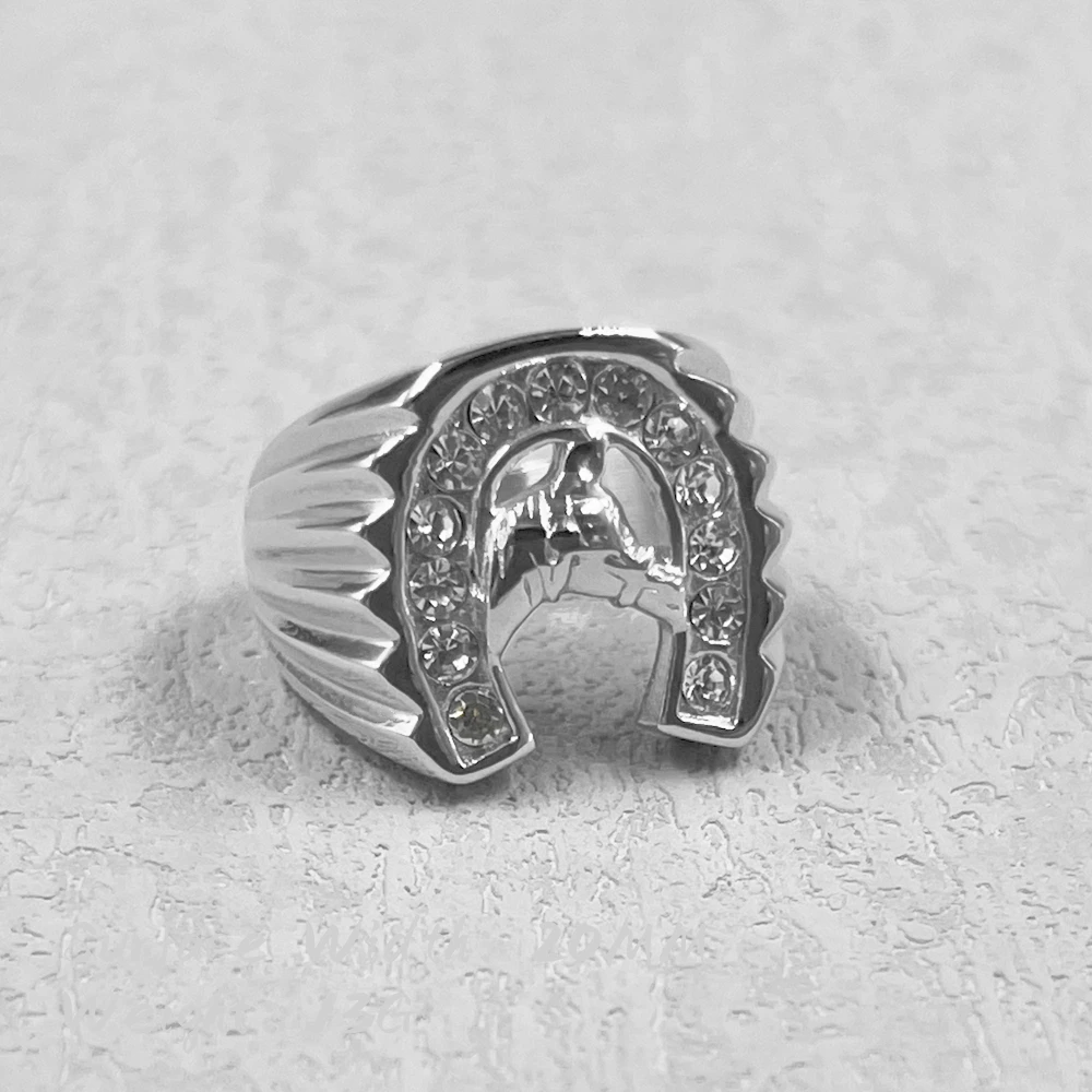 316L stainless steel gold color Jockey Club horseshoe men\'s ring with rhinestone horse high quality jewelry