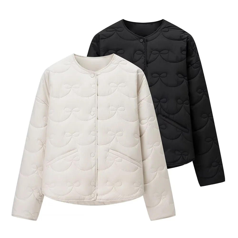 

Осенняя новая женская повседневная универсальная галстук-бабочка с круглым вырезом, повседневная стеганая хлопковая куртка с закрученными краями и длинными рукавами, куртка, куртка