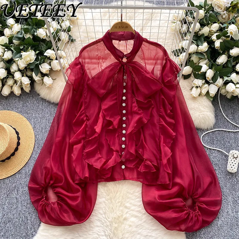 

Socialite Palace Style Puff Long Sleeve Shirt for Women Spring Autumn Ruffled Mesh Thin Light Mature Elegant Unique Top
