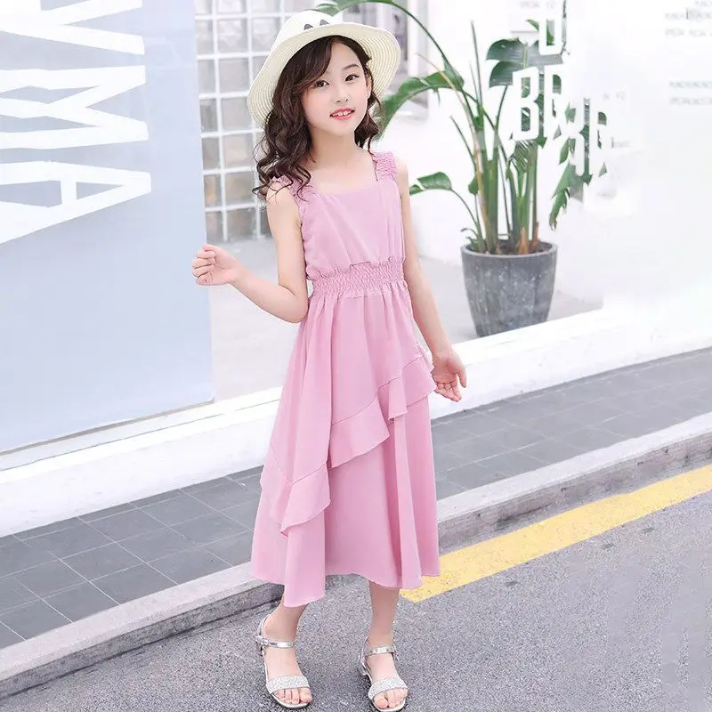 Teenager-Mädchen Sommerkleider 2026 Neu Kinder Lässiges Einfarbiges Ärmelloses Trägerkleid mit Taillengürtel Kinder Urlaubsstil Prinzessinnenkleid – Detail 3
