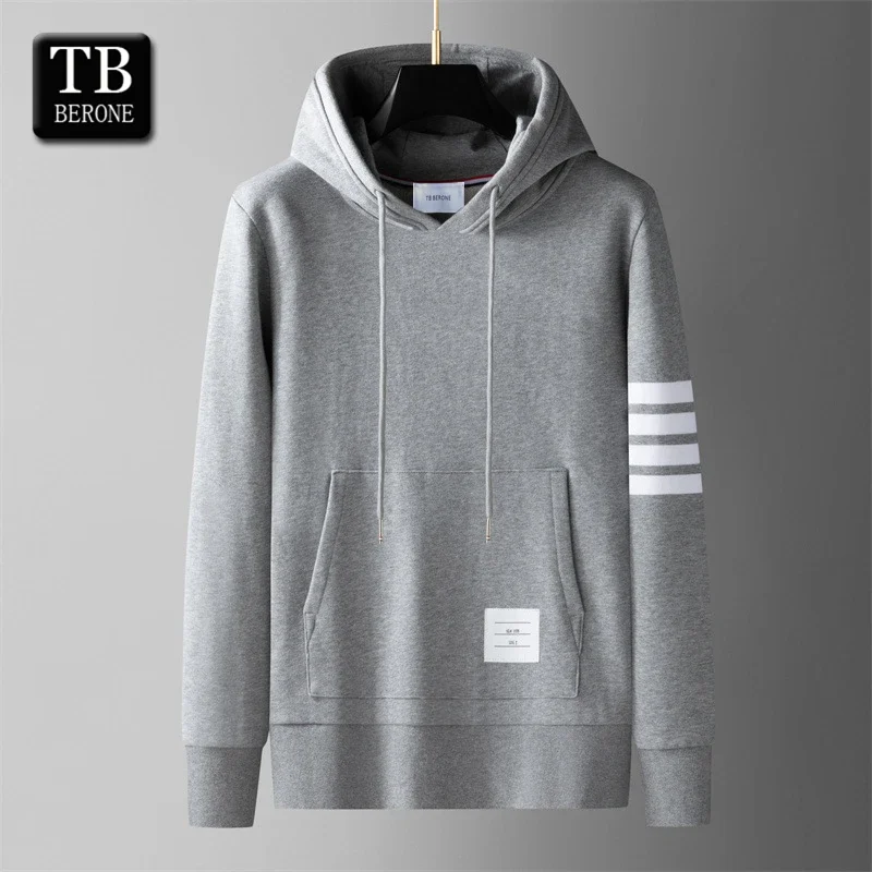 

TB BERONE Men's Webbing Hoodie Trend Sports And Leisure Couple Thom Brand Four-bar Striped Cotton Sweater Zipper With Cardigan