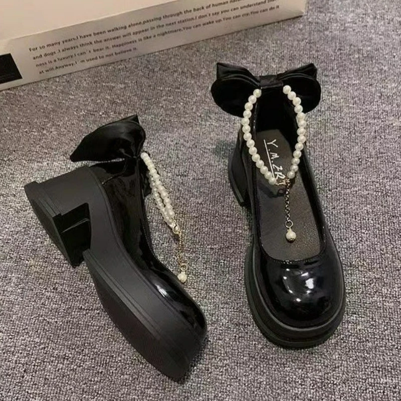 أحذية نسائية بإبزيم لؤلؤي أحذية ماري جين بمقدمة مستديرة أحذية كاجوال ضحلة بفيونكة عصرية بكعب عالٍ حذاء جلدي ذو نعل سميك #3