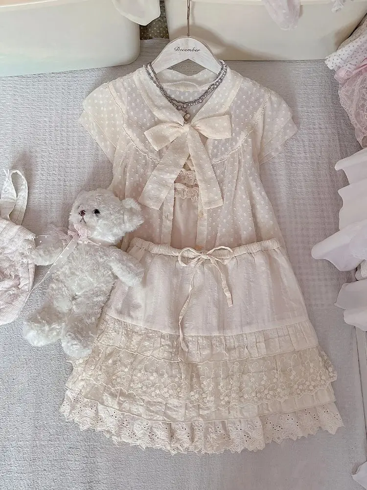 Vintage Kawaii Sweet 3-piece set Women Beige Polka Dot Soft Lace Ruffle Bow Short Sleeve Tiered Mini Skirt Outfit Daily Wear