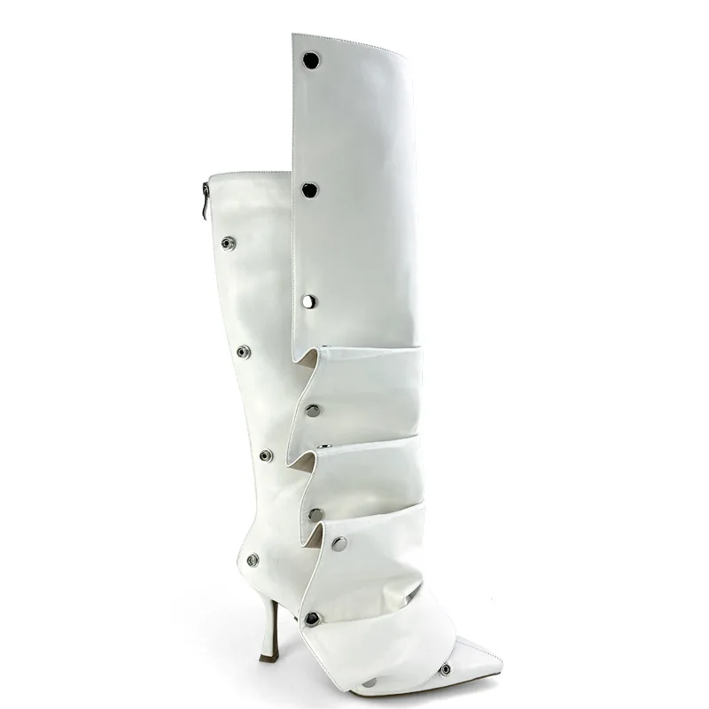 2025 Women\'s New High Heels, Pointed Metal Rivets, Horse Hair Splicing, Two Wear Stacked Knee Size Fashion Banquet Boots