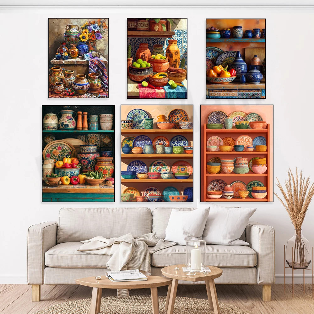 Mexican rustic style ceramic cutlery rack, Mexican art, Southwestern style, colorful Talavera kitchen artist home decor posters