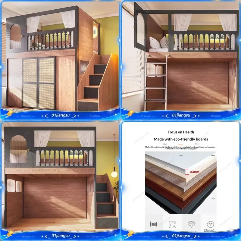 Solid Wood Kids Loft Bed with Built-in Wardrobe and Desk High Guardrail Tree House Bed Space Saving Furniture for Small