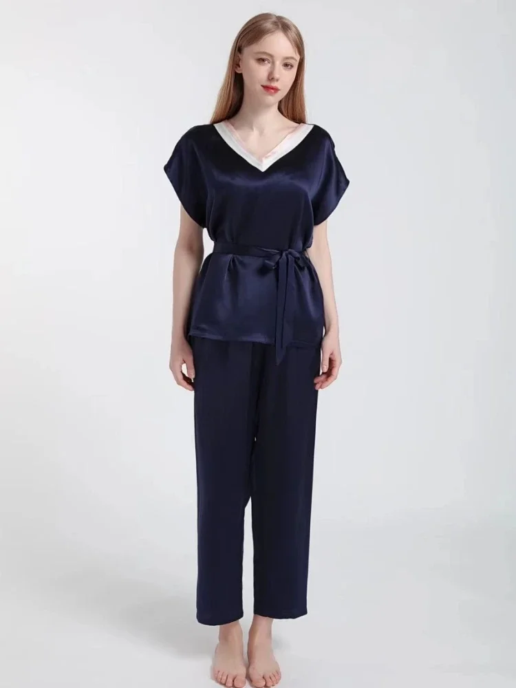 100% Mulberry Silk Women Waist Belt Pajamas Set Short Sleeve Shirt & Trousers 2Pieces Loose Sleepwear V Neck Nightwear Sleepwear