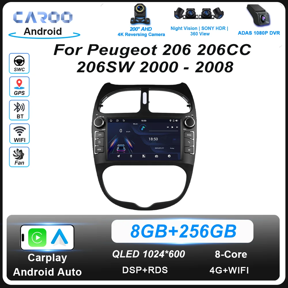 

Android Radio Stereo For Peugeot 206 206CC 206SW 2000 -2008 Auto GPS Navigation High-Performance CPU Wireless Carplay 2DIN WIFI