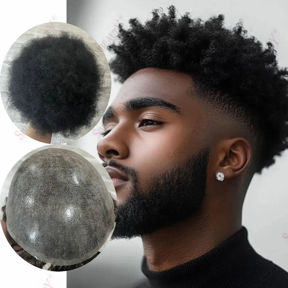 6 مللي متر ضيق مجعد أسود رمادي الرجال الشعر المستعار شعر الإنسان الاصطناعية الشعرية غير قابلة للاكتشاف الأفرو الأسود رجل شعر مستعار دائم كامل رقيقة الجلد قاعدة