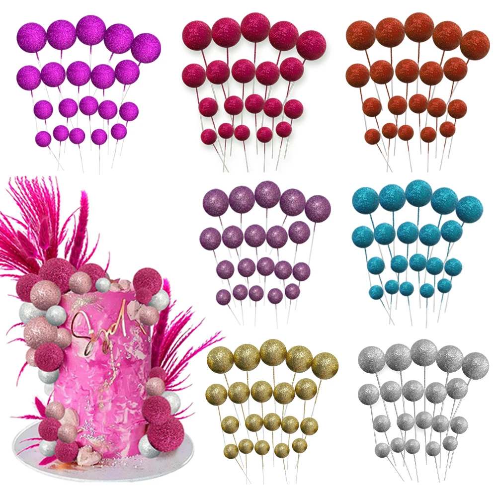 20pcs Glitter Cake Topper Balls Set 2cm-4cm Glitter Gold Pink Blue Balls DIY Birthday Wedding Christams Party Dessert Decoration