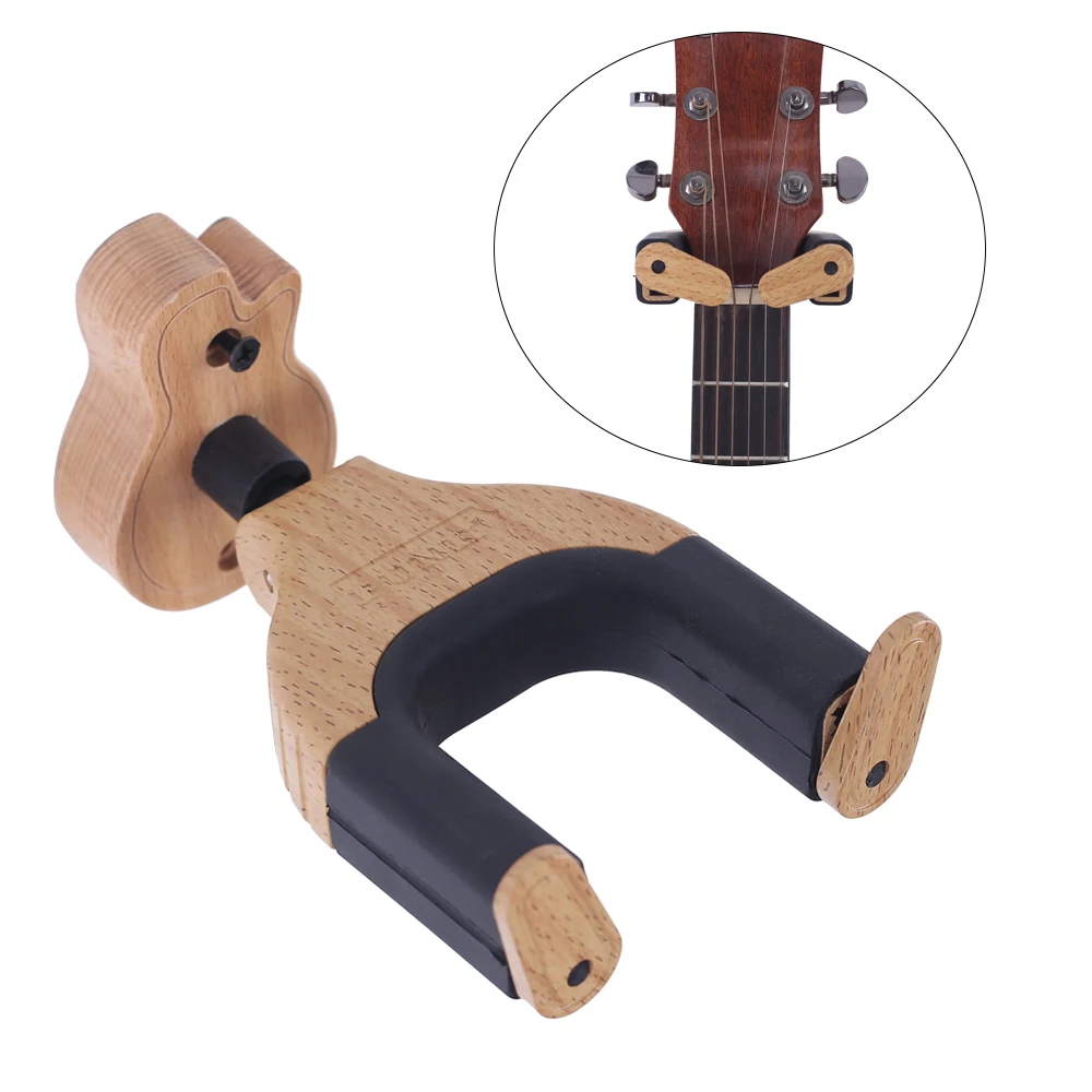 Wall Mount Guitar Hanger Hook Holder Keeper Auto Lock with Guitar Shape Solid Wood Base for Electric Acoustic Guitars Bass Strin