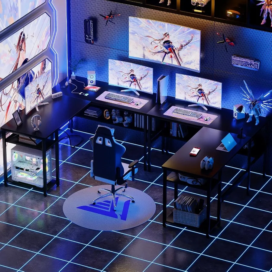 Mesa reversível em forma de L com tomadas de energia mágicas e portas de carregamento USB para escritório doméstico e configuração de jogos Computação de canto resistente