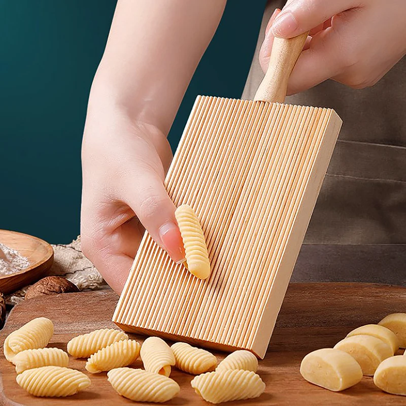 Tabla de Gnocchi de madera para hacer dumplings italianos, herramienta de textura de Pasta con mango, superficie acanalada, forma en espiral, ayuda de cocina para hornear