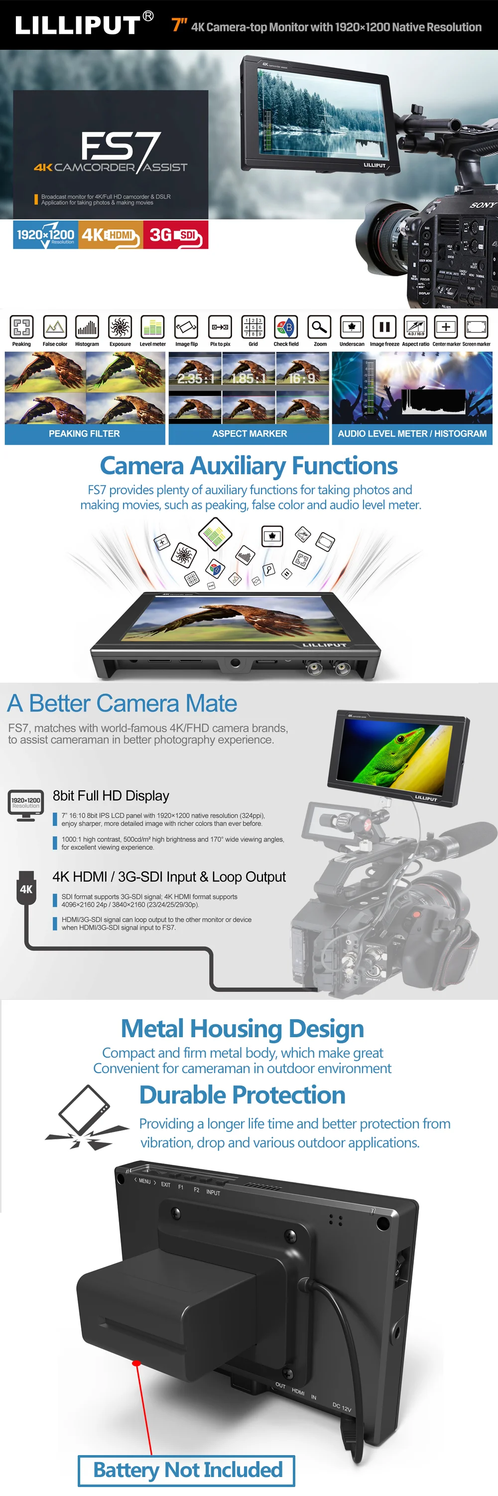 Lilliput FS7 7-calowy monitor polowy IPS 3G HD SDI DSLR do nagrywania wideo 4K z funkcją HDMI, False Color, Peaking, Level Meter, Nowy 4K