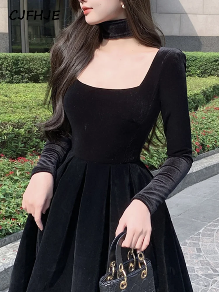 CJFHJE-Robe Mi-Longue en Velours Noir pour Femme, Tenue de Soirée, Vintage, Élégante, Française, Coréenne, une Pièce, Nouvelle Collection Automne Hiver