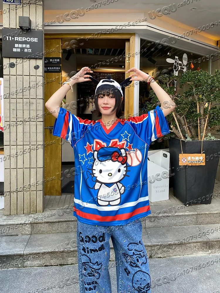 

Cute Girl Bow Street Sweet Cool Hip-hop Baseball Jersey T-shirt Top Plus Size Women's summer Men's Short Sleeve T-shirt Tops