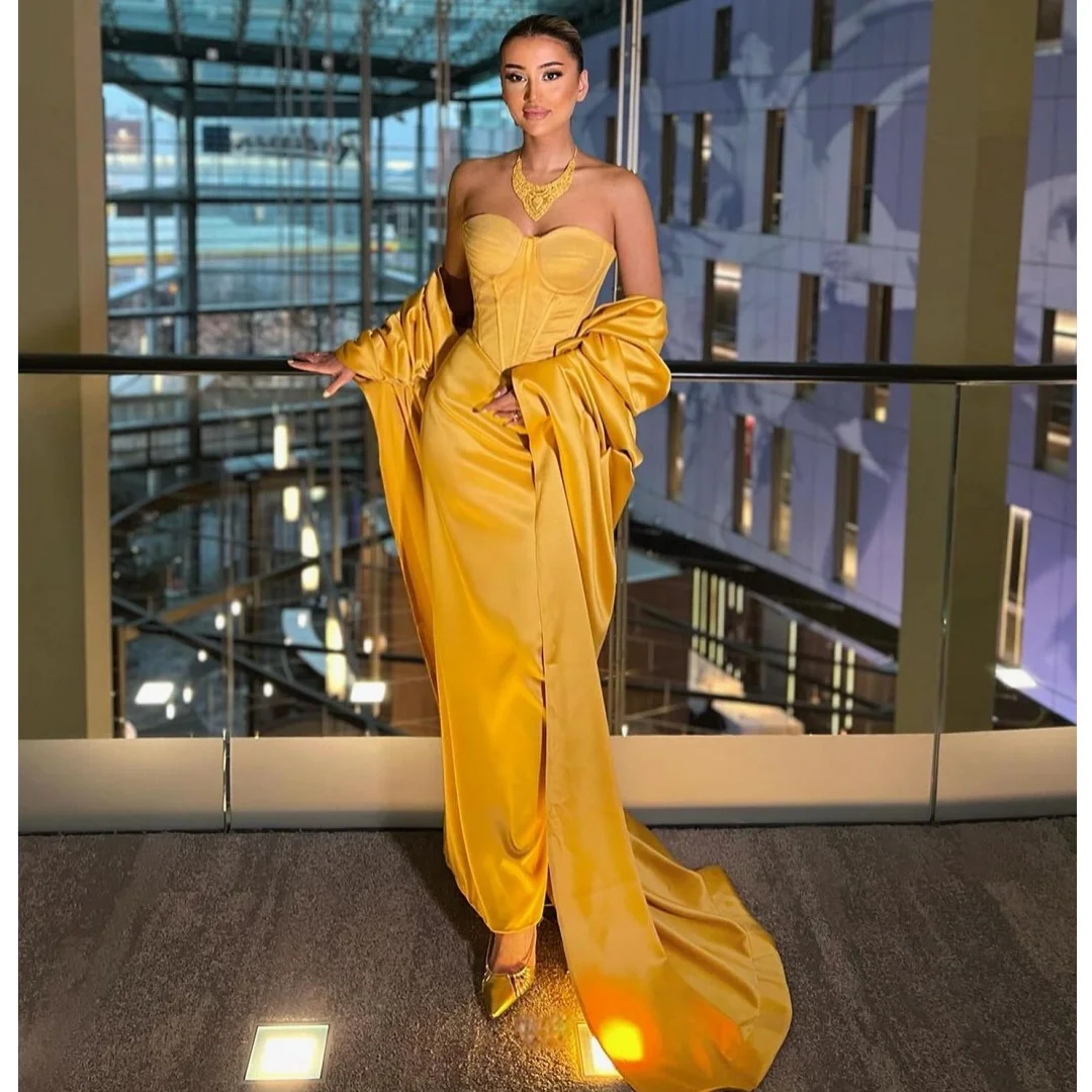 

Gold Evening Dresses Satin Wrap vestidos de noche Elegant Prom Dress 2025 Wedding Party Gowns Customized