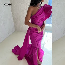 OIMG Fuschia Long Mermaid Evening Dress One Sleeve Side Slit Custom Prom Gown Pleat Satin Floor-Length Cocktail Party Dress