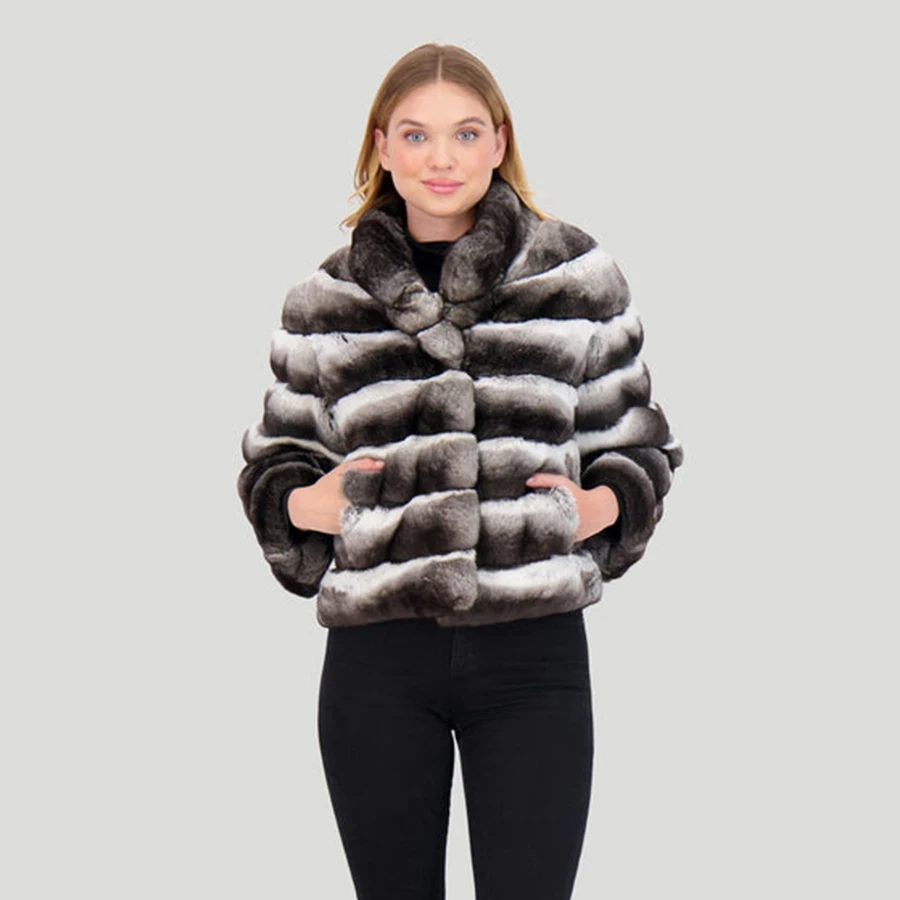 Chaqueta de piel de conejo Rex Natural para mujer, abrigos de piel auténtica de color Chinchilla, chaquetas cortas de cuello alto, novedad de 2024