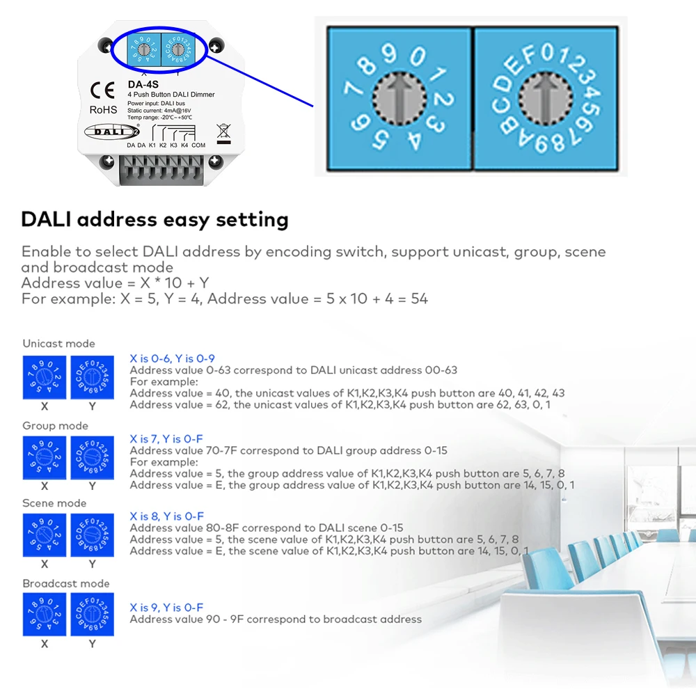 Standard DALI Master 4 Push Button DALI Dimmer Control 4 DALI Addresses With Push Swich Dimming Power is Provided By DALI Bus