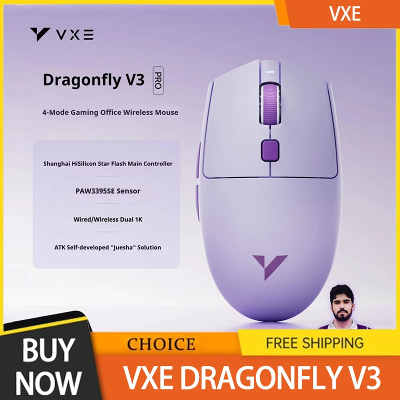 

Vxe Dragonfly V3 Mouse Wireless Four Mode Lightweight Esports Gaming Mouse Paw3395se Smartspeed 300mah Office Accessory Gifts