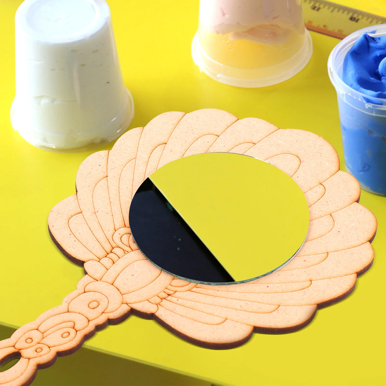 2 pçs de madeira diy espelho sem pintura crianças portátil pintura à mão criativo artesanato fornecimento educacional espelho artesanato fornecimento