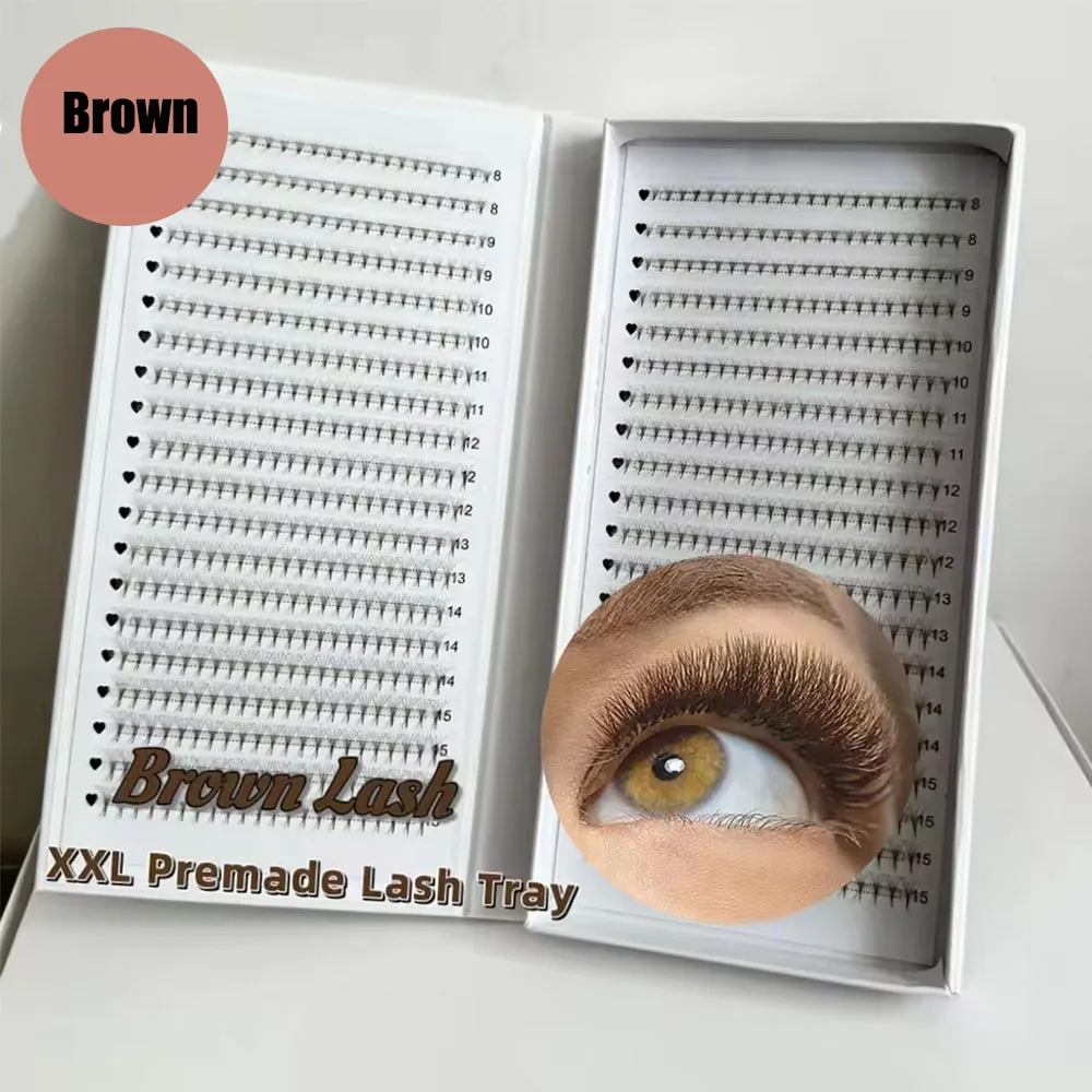 

1200Fans 3D 8D 5D Brown Colored PBT Hybrid Premade Volume Fan Sharp Pointy Stem Premade Lashes Extension Thin Root XL Tray Lash